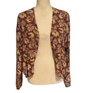 Flax by Jeanne Engelhart Size L Open Front Blouse Top Leaf Print Tropical
